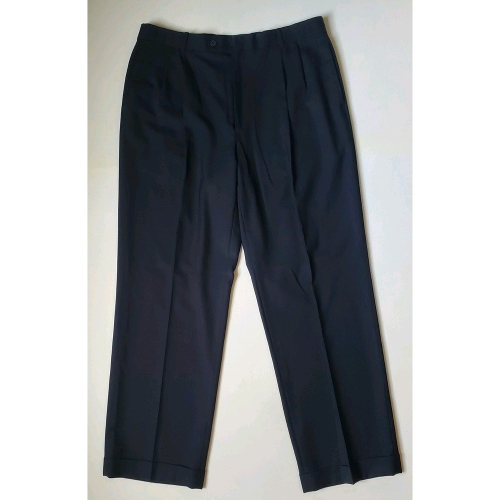 Jos A Bank Mens Navy Dress Pants 100% Wool Pleated Trousers Made In Canada 35x31